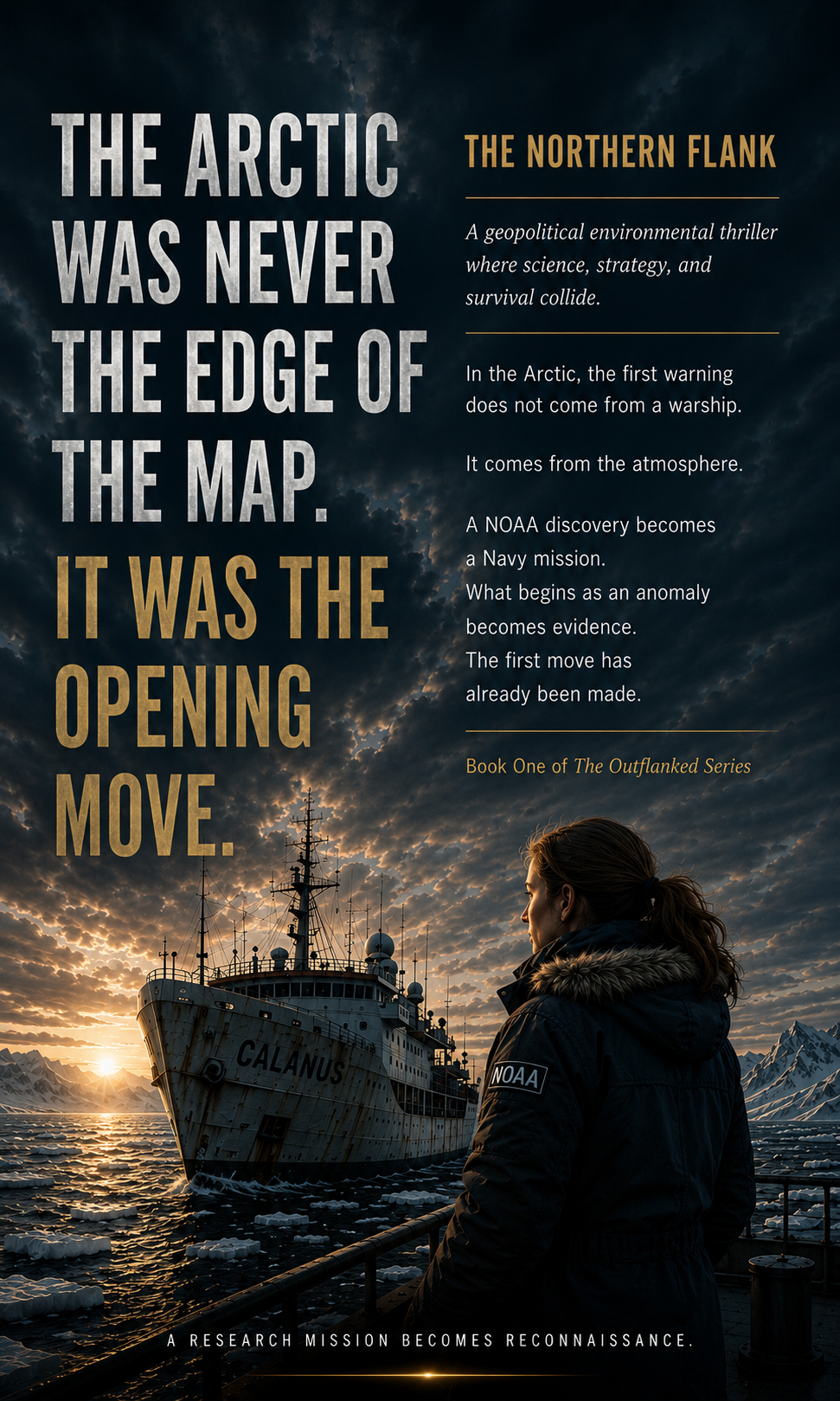 Poster for The Northern Flank showing a NOAA-inspired scientist near the Calanus research vessel in the Arctic.