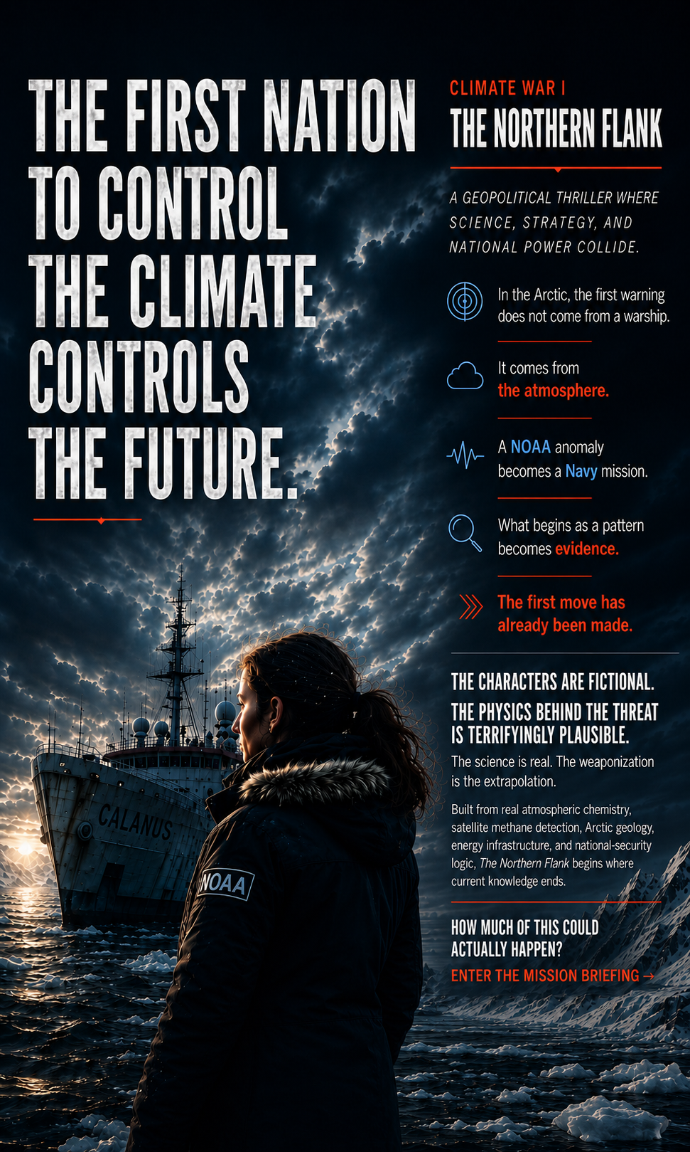 Climate War I: The Northern Flank artwork showing an Arctic research vessel, NOAA scientist, atmospheric monitoring, and geopolitical conflict in a rapidly changing Arctic.