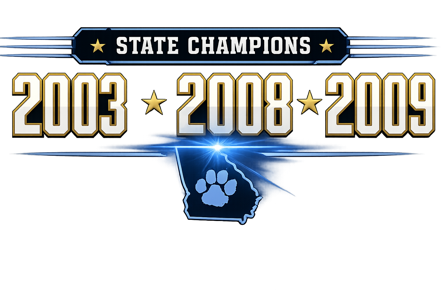 Graphic showing the state of North Carolina with a paw print, celebrating state championships from 2003, 2008, and 2009.