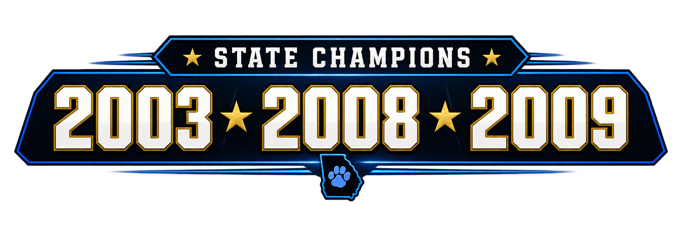Digital graphic celebrating state championship titles in 2003, 2008, and 2019, featuring a black background with neon blue accents, large white and gold text, and a dog paw print at the bottom.