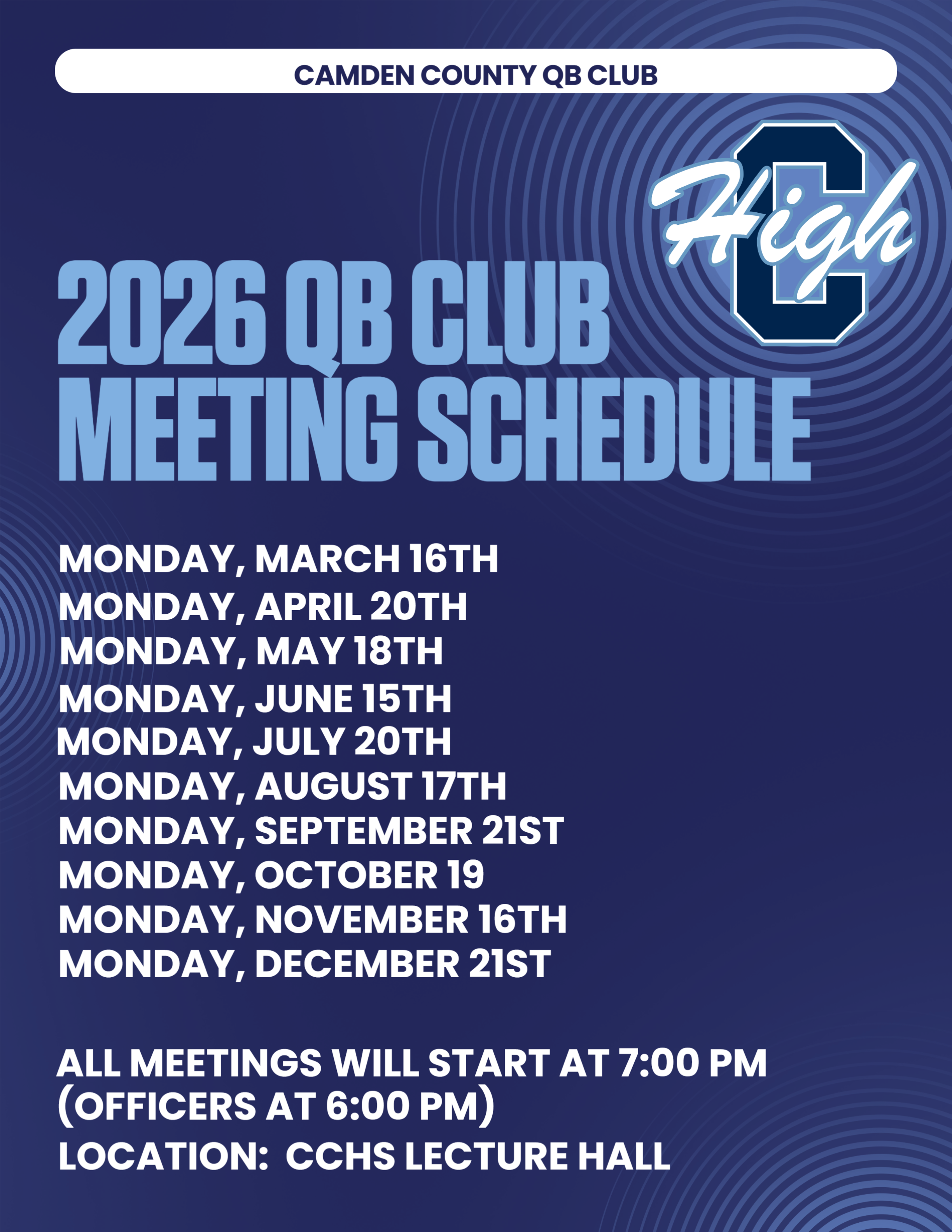 Schedule for Camden County QB Club 2026 meeting dates, starting March 16th and ending December 21st, including times and location at CHS Lecture Hall.