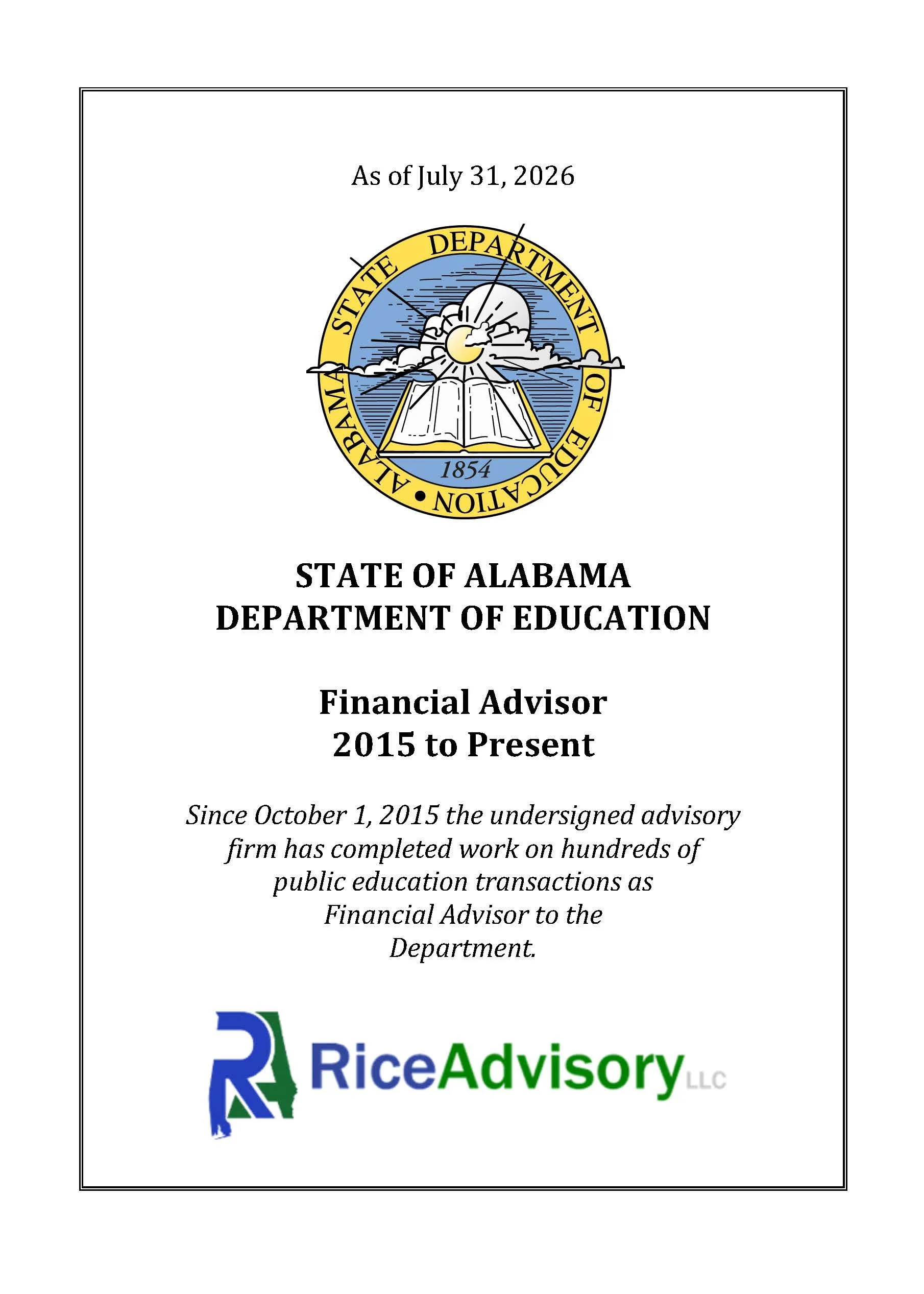 Official document from the Alabama Department of Education dated July 31, 2026, indicating a Financial Advisor contract from 2015 to present, with a logo for Rice Advisory LLC at the bottom.