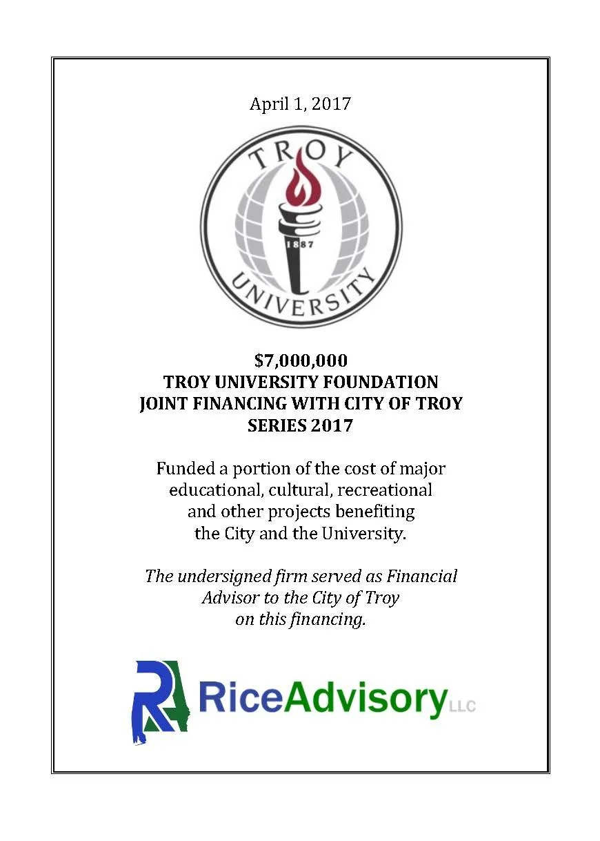 Document titled with date April 1, 2017, featuring Troy University logo, stating a $7,000,000 donation from the Troy University Foundation in partnership with the City of Troy, with information about funding educational and cultural projects. Logo of Rice Advisory LLC at the bottom.