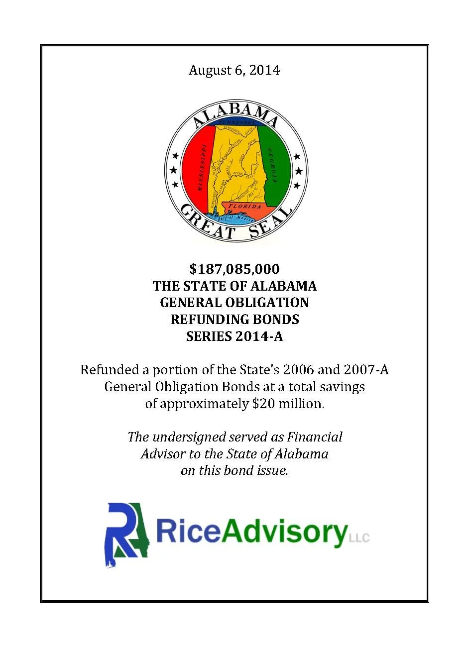 Document titled 'Alabama Great Seal' dated August 6, 2014, with a seal graphic featuring a map outline of Alabama and state colors. Describes refunding bonds for Alabama with financial details and advisor information at the bottom.