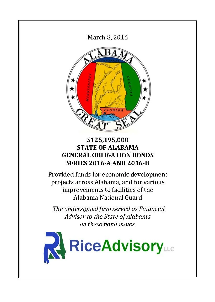 Document with the Great Seal of Alabama featuring a map of Alabama on a banner shaped like the state, with a blue, red, green, and yellow color scheme, and text about Alabama state bonds issued on March 8, 2016, provided funds for economic development and facilities for the Alabama National Guard, signed by Rice Advisory LLC.