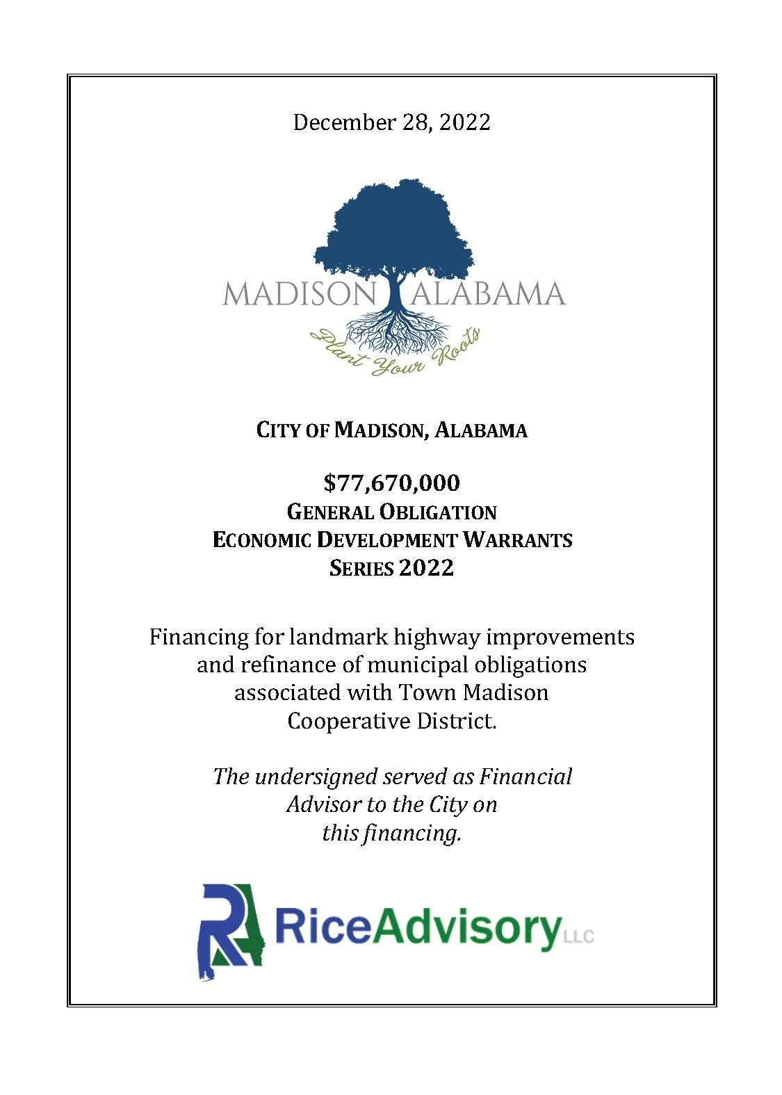 Document outlining municipal bond issuance details for the City of Madison, Alabama, dated December 28, 2022, with a logo of a blue tree and the phrase "Plant Your Roots."