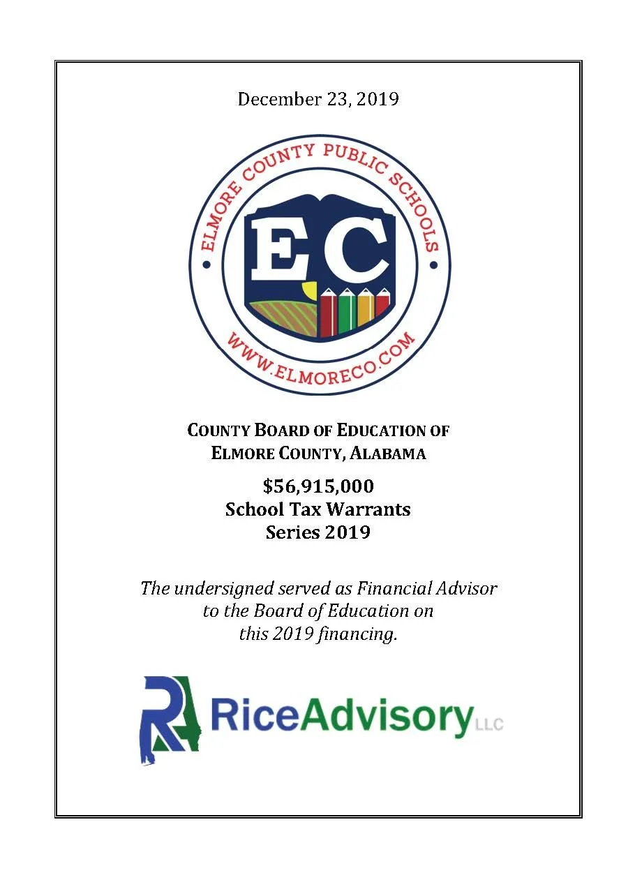 Document cover page from the Elmore County Board of Education, Alabama, dated December 23, 2019. It features the Elmore County Public Schools logo with a mountain, books, and a lemon, along with the website www.elmoreco.com. The document details a $56,915,000 school tax warrants series 2019, and credits Rice Advisory LLC as the financial advisor.