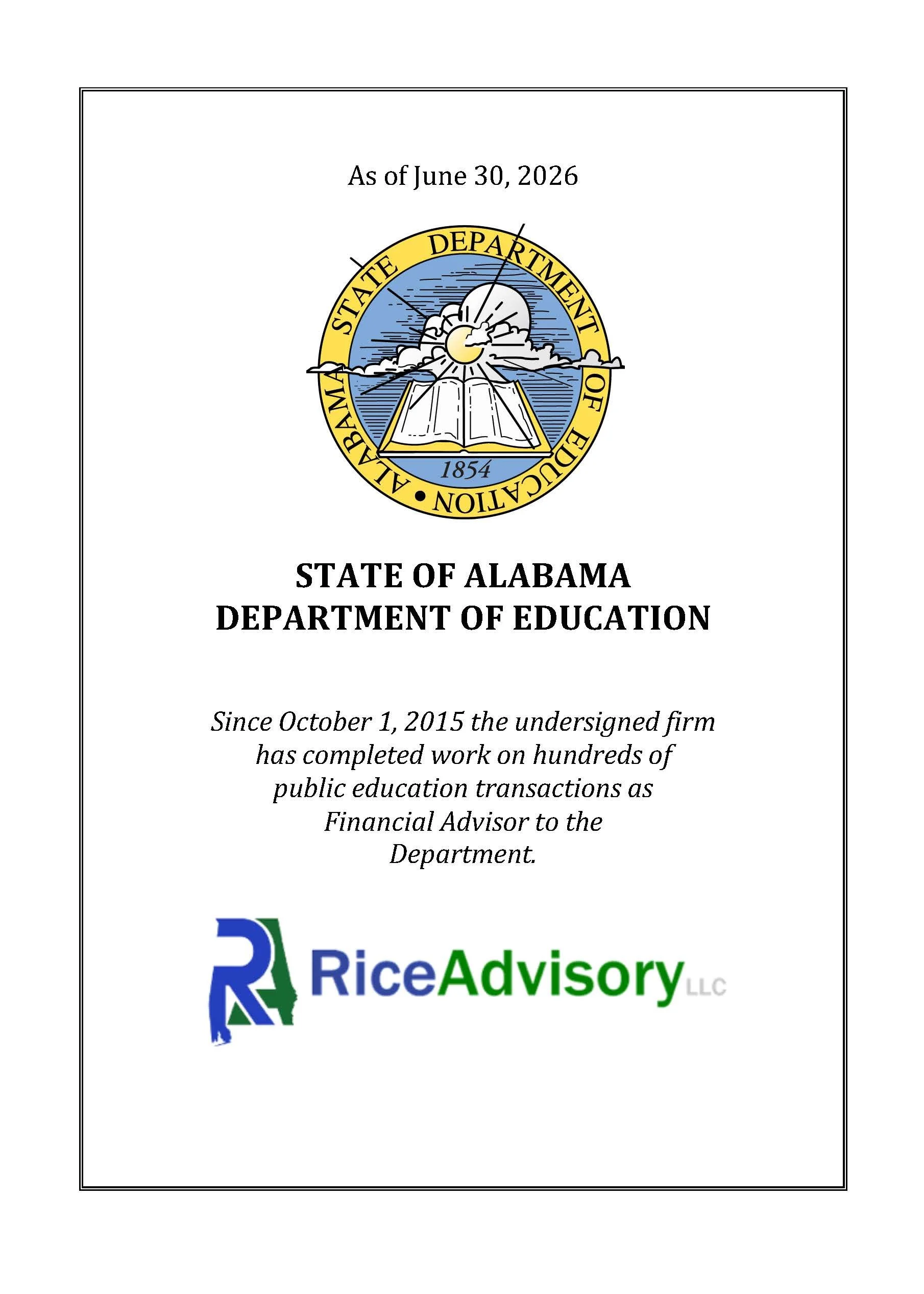 Official seal of the Alabama State Department of Education with a book, clouds, and sun. The text indicates the department's affiliation and date founded in 1854. Below, text mentions work completed since October 1, 2015, on public education transactions, and a logo for Rice Advisory LLC.