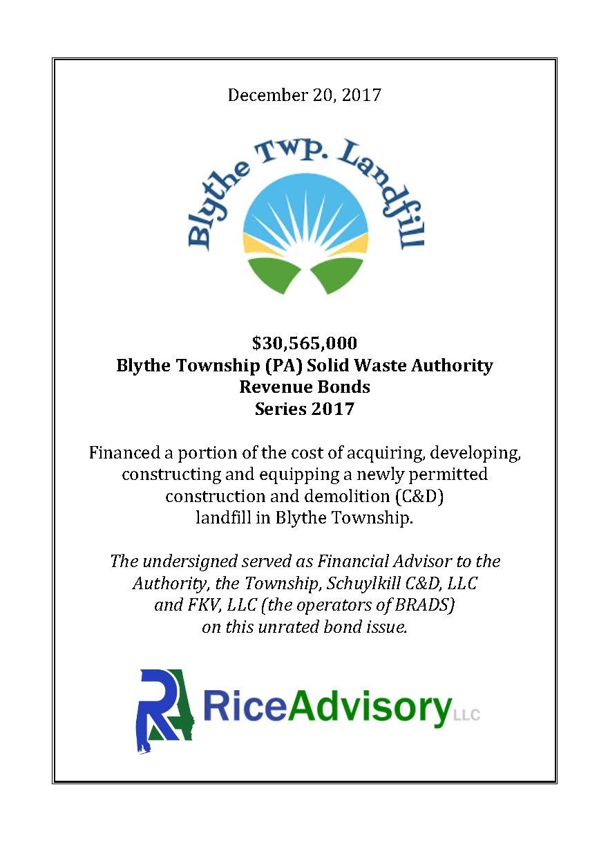 A document titled Blythe Township (PA) Solid Waste Authority Revenue Bonds Series 2017, dated December 20, 2017, with a total amount of $30,565,000. The document includes a logo with a sun rising over green hills above a blue sky, the text Blythe Twp. Landfill, and the Rice Advisory LLC logo at the bottom.