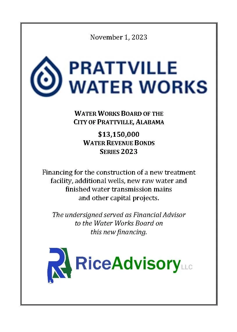 Official document from Prattville Water Works about a $13,150,000 water revenue bonds series 2023, financing for water infrastructure projects in Prattville, Alabama, with Rice Advisory LLC as financial advisor.
