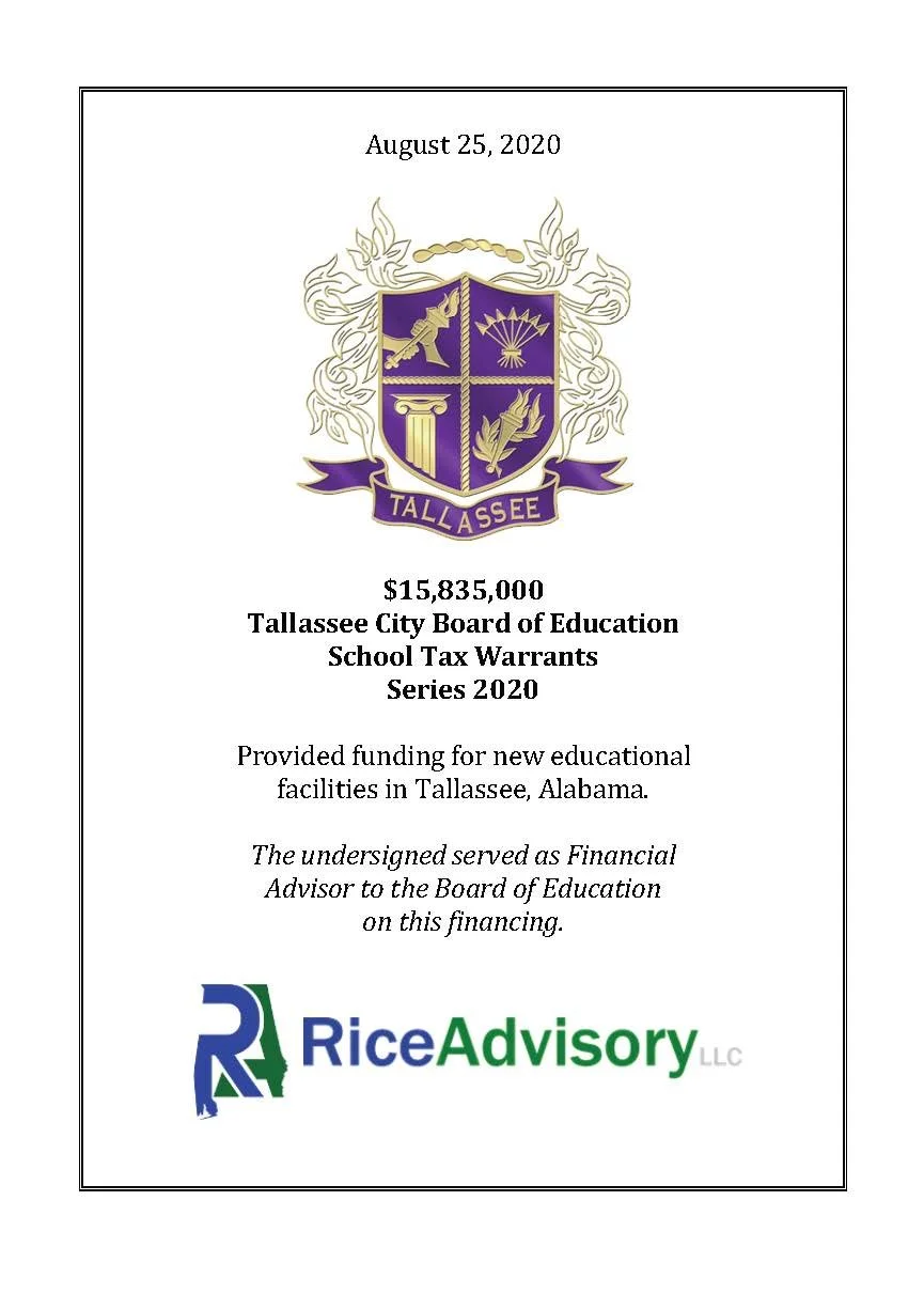 Document with a crest featuring a sword, sun, column, and leaf, and the word 'Tallassee.' The document is dated August 25, 2020, and details a funding award of over 15 million dollars for Tallassee City Board of Education school tax warrants in 2020, provided by Rice Advisory LLC.