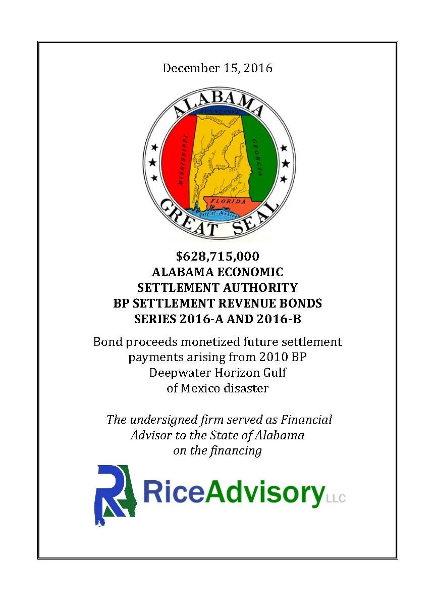 Official document titled 'Alabama Great Seal' dated December 15, 2016, describing a bond issuance of $628,715,000 by the Alabama Economic Settlement Authority, related to revenue bonds for the Deepwater Horizon Gulf of Mexico disaster, with a logo of Rice Advisory LLC at the bottom.