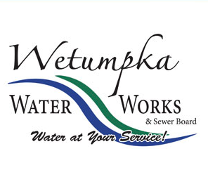 Logo for Wetumpka Water Works including text and stylized water waves.