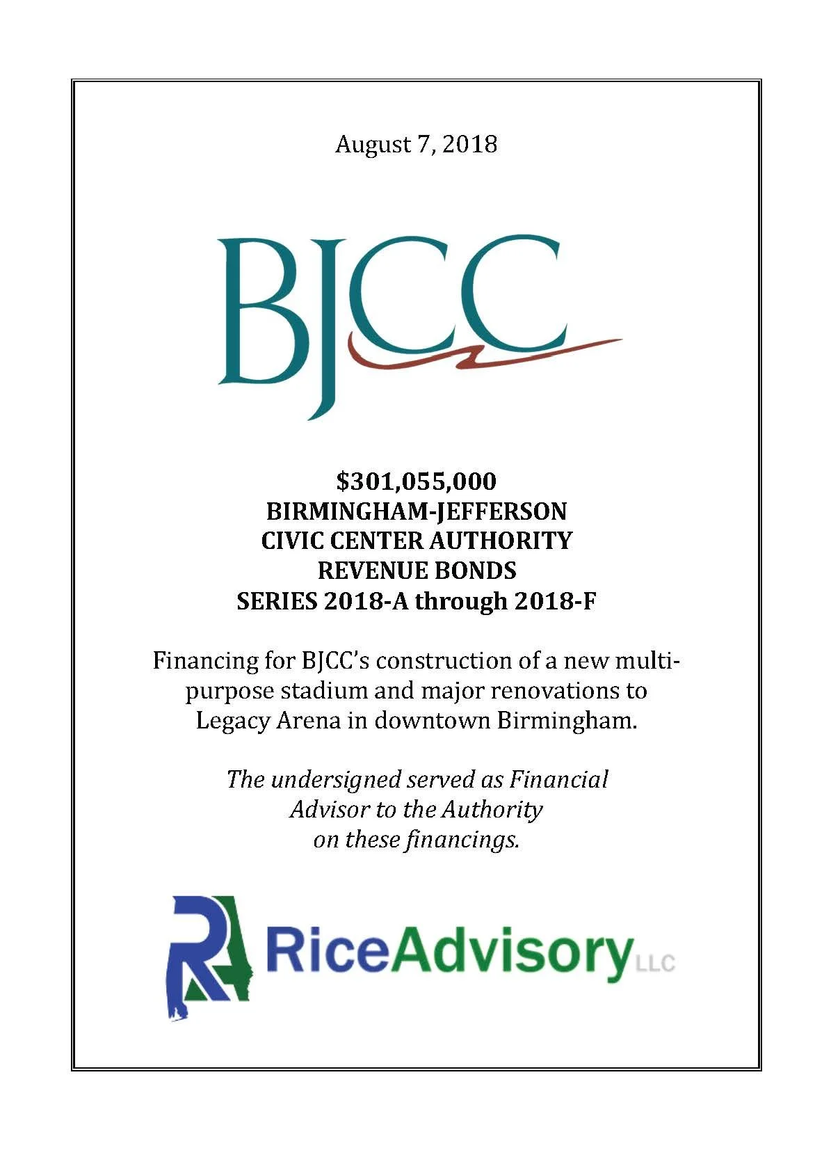 Cover page of a financial document for Birmingham-Jefferson Civic Center Authority, dated August 7, 2018, about revenue bonds series 2018-A through 2018-F, including text and logo of Rice Advisory LLC.