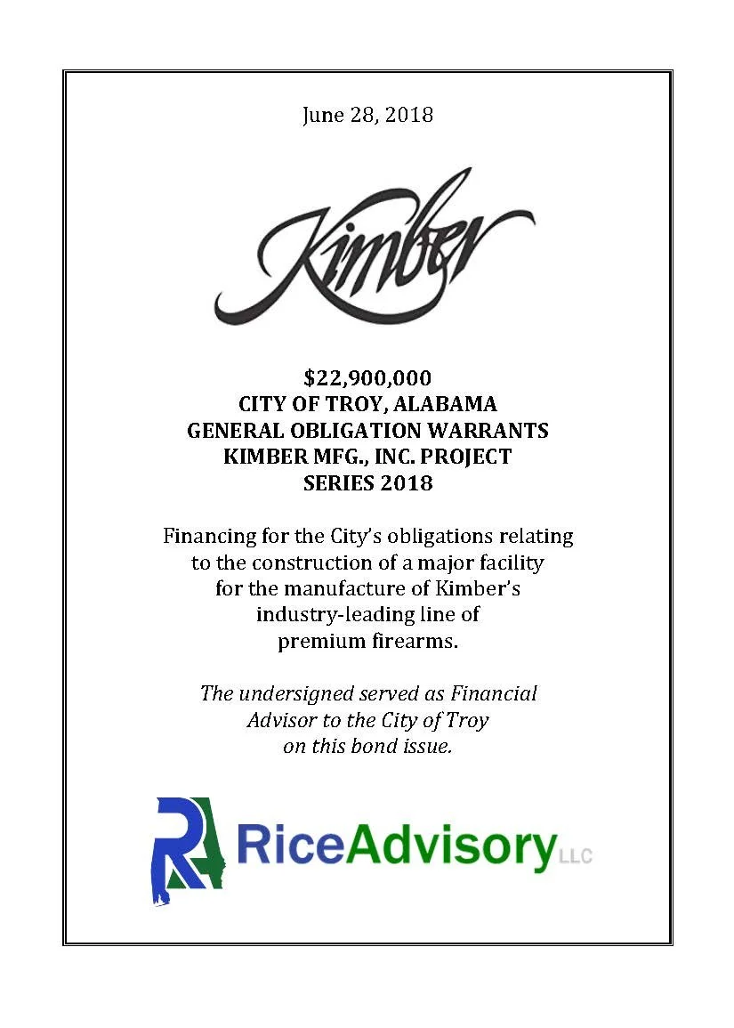A document titled 'Kimber' related to a $22.9 million bond issue for the City of Troy, Alabama, dated June 28, 2018, issued by Kimberly Manufacturing, Inc., with a logo for Rice Advisory LLC at the bottom.