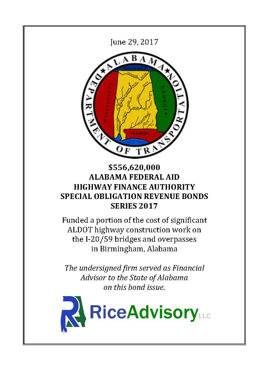Document titled 'ALABAMA FEDERAL AID HIGHWAY FINANCE AUTHORITY, SPECIAL OBLIGATION REVENUE BONDS, SERIES 2017' dated June 29, 2017, with a circular logo of the Alabama Department of Transportation featuring the state map and colors of the Alabama flag. The document states a bond amount of $556,620,000, funding for highway construction in Birmingham, Alabama, and includes the logo of Rice Advisory LLC at the bottom.