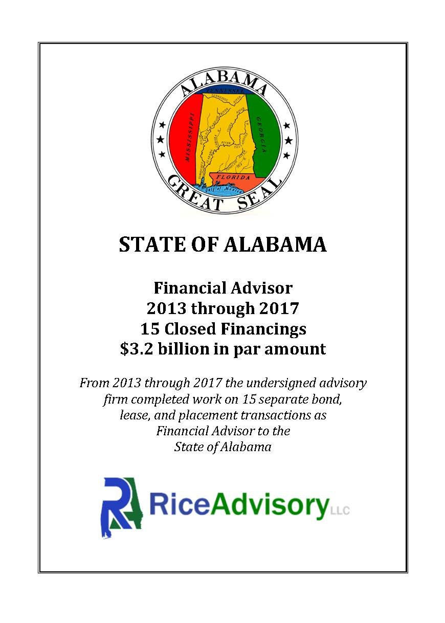 Cover page of a financial report for the State of Alabama, with an illustration of the state flag and map, and a logo for Rice Advisory LLC.