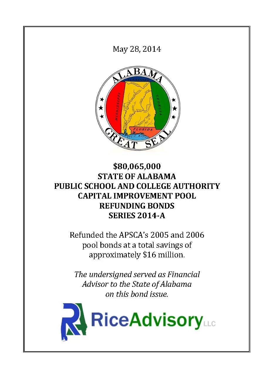 Document with the Great Seal of Alabama, date May 28, 2014, discussing bonds refunded for schools and colleges, with a logo for Rice Advisory LLC at the bottom.