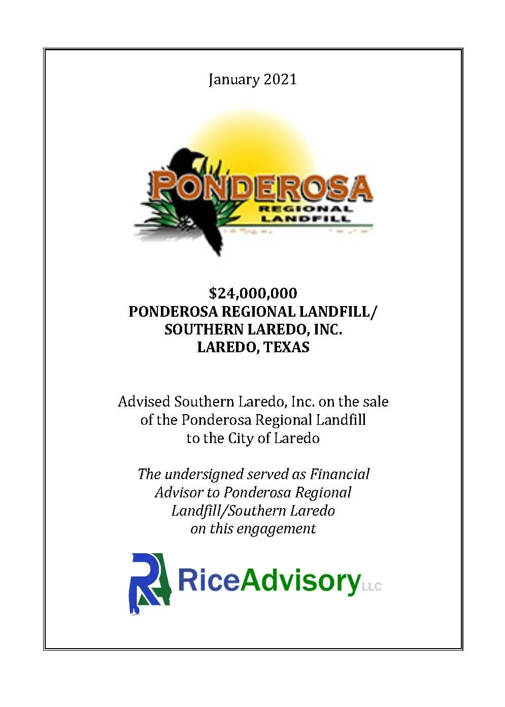 Document titled 'February 2021' with a logo of Ponderosa Regional Landfill showing a cormorant bird, the sun, and green plants. The document details a $24 million sale of Ponderosa Regional Landfill in Laredo, Texas, advising Southern Laredo, Inc., and mentions Rice Advisory LLC.