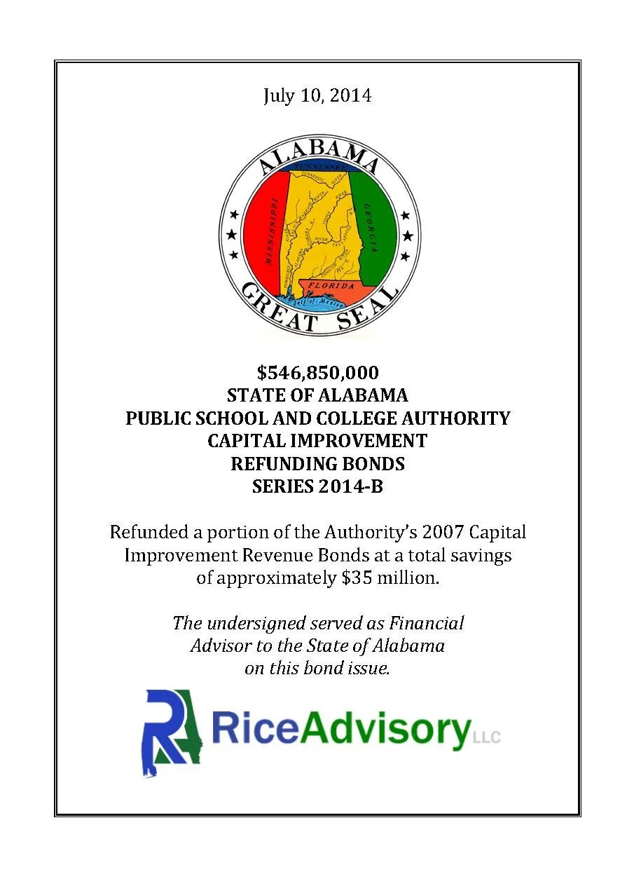Document titled 'Alabama Great Seal' with date July 10, 2014, and information about a $546,850,000 refunding bond for the State of Alabama Public School and College Authority Capital Improvement. Contains a circular seal with the Tennessee River map inside, colored in red, yellow, green, and blue. Logo of Rice Advisory LLC at the bottom.