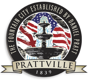 Official seal of Prattville, established in 1839, featuring a fountain with water, an American flag background, and surrounding text.