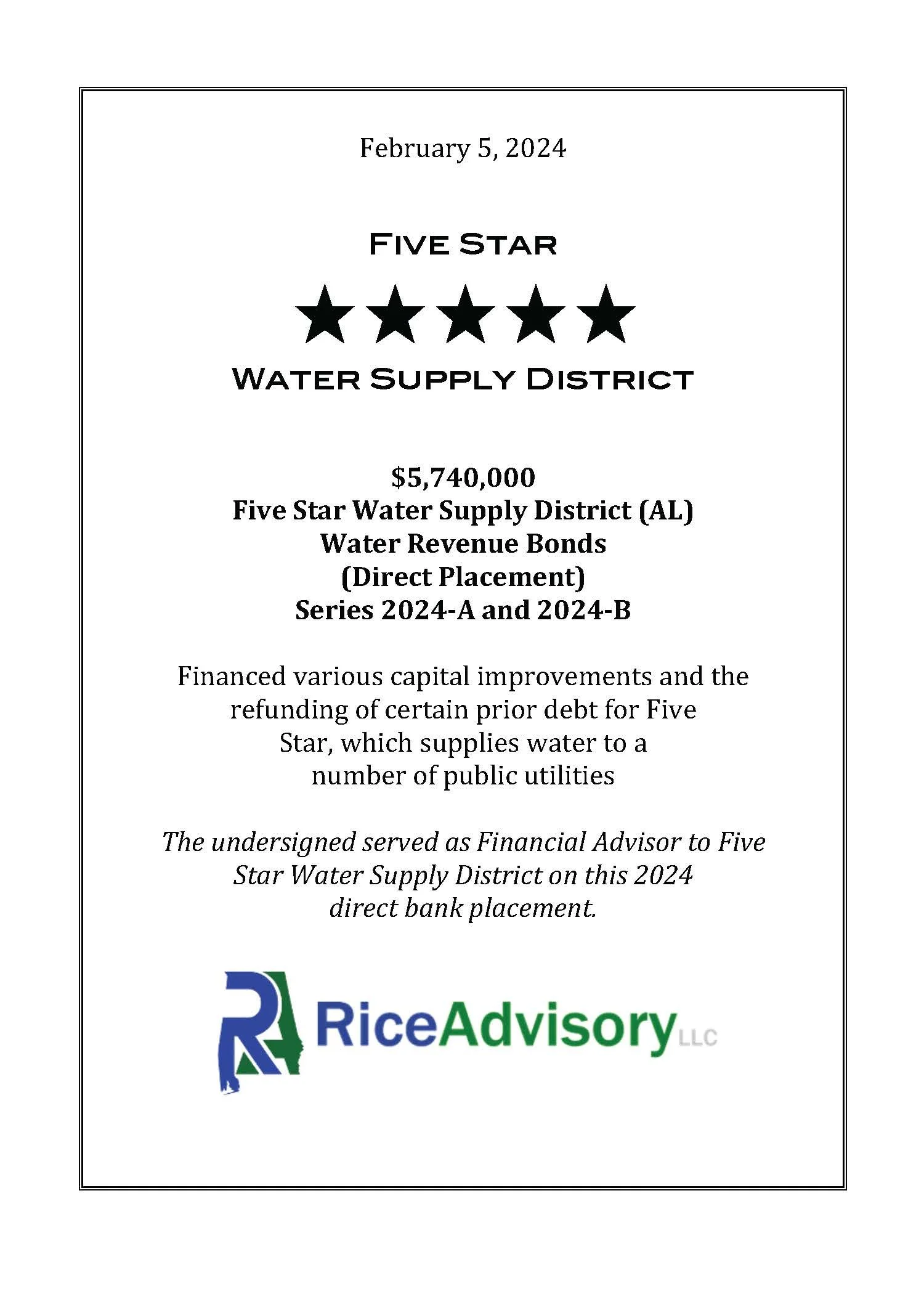 A certificate awarded to Five Star Water Supply District, dated February 5, 2024, with a five-star rating and a review of over 5 million dollars in water revenue bonds. The bottom part of the image contains a partial logo of Rice Advisory LLC.