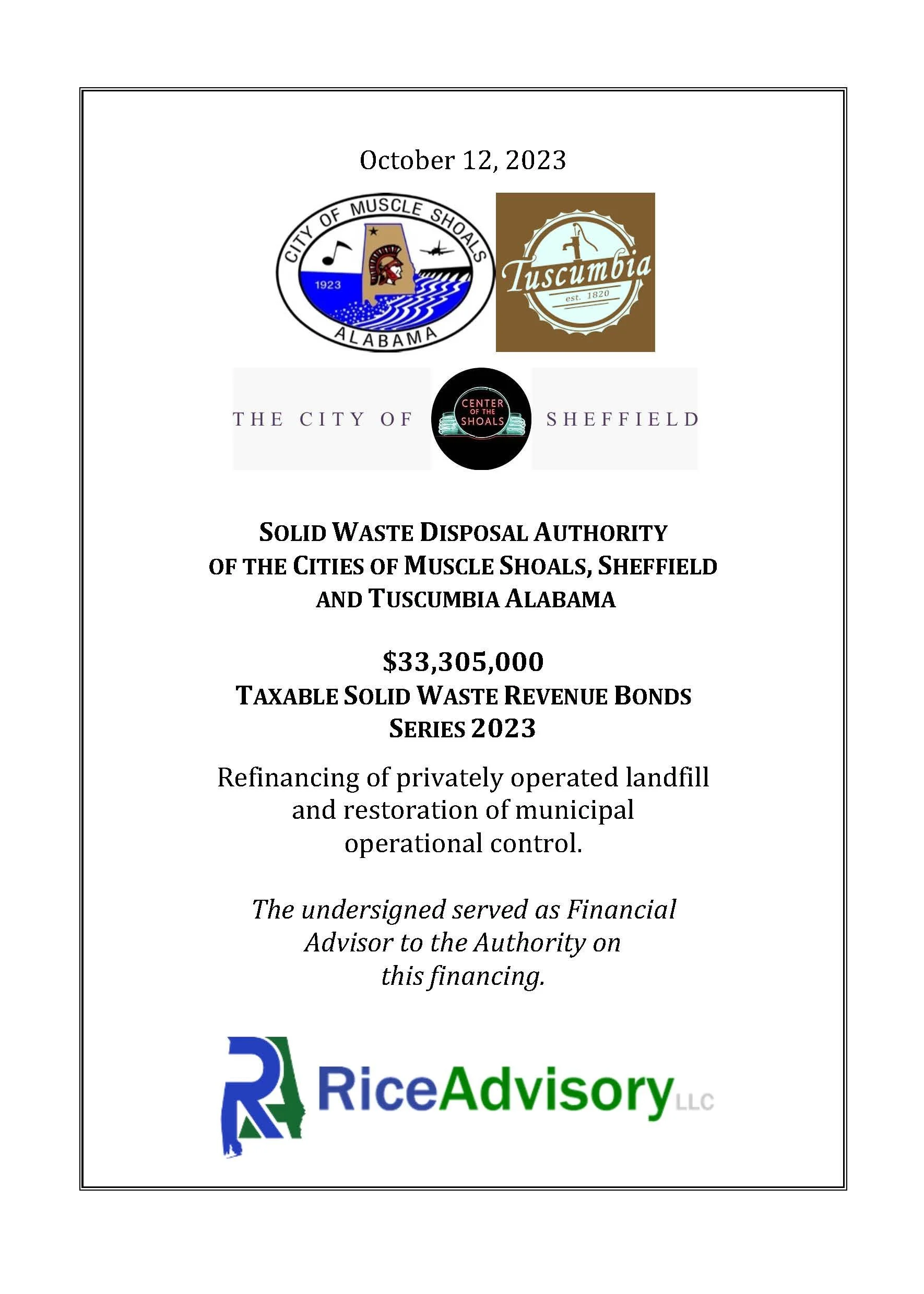 Official document with logos and text about a bond issue for the cities of Muscle Shoals, Sheffield, and Tuscumbia Alabama, dated October 12, 2023, with details on revenue bonds and refinancing of a landfill.