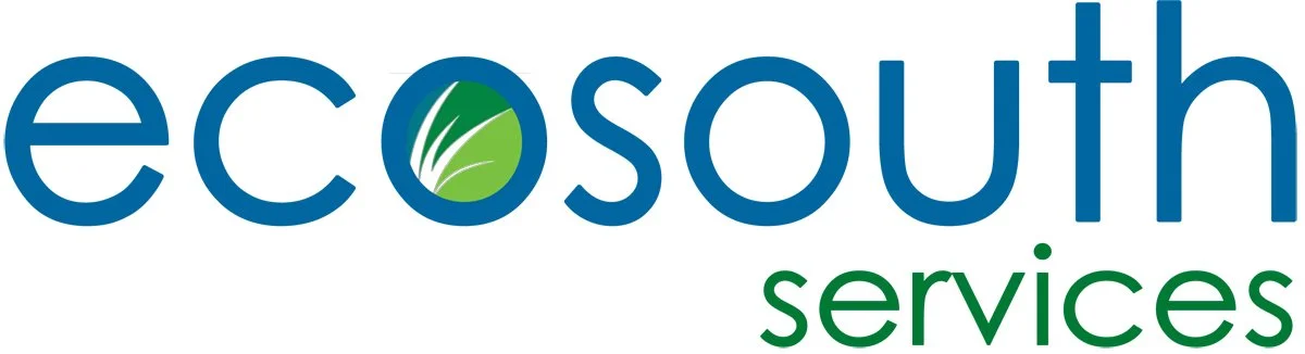 Ecosouth Services logo with the word 'eco' in blue, a green circle with white blades inside representing green energy, and the words 'south services' in green.