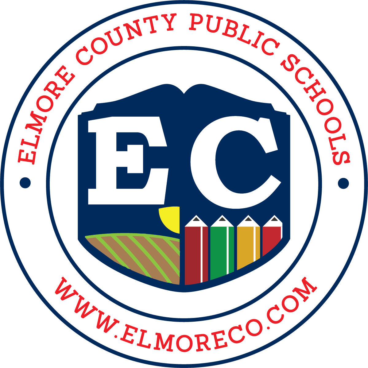 Seal of Elmore County Public Schools featuring a shield with a landscape, open book, and colored pencils, surrounded by the school's name and website.