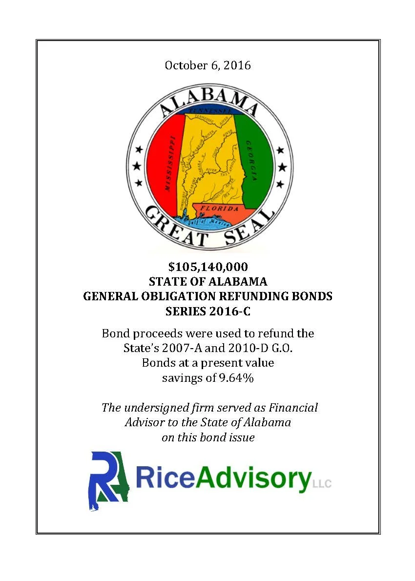 Document titled 'Alabama Great Seal' dated October 6, 2016, with a seal showing the map of Alabama, bordered with red, yellow, green, and blue, and the logo of Rice Advisory LLC at the bottom. Contains information about Alabama general obligation refunding bonds totaling $105,140,000, issued to refinance prior bonds, with details about the bond series and financial advisory firm.