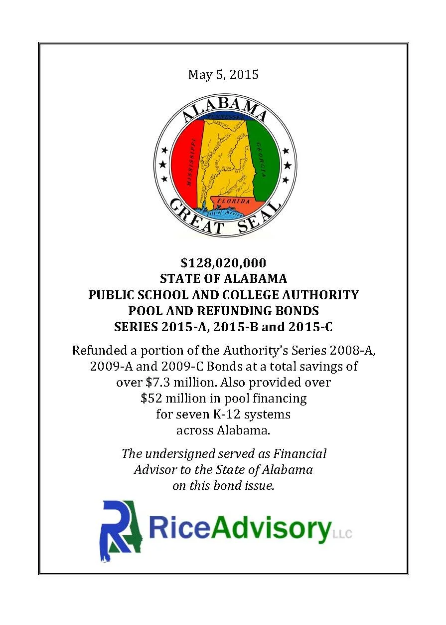 Document detailing Alabama public school and college authority pool and refunding bonds issued in 2015, with information on bond amounts, savings, and financing for K-12 systems, dated May 5, 2015.
