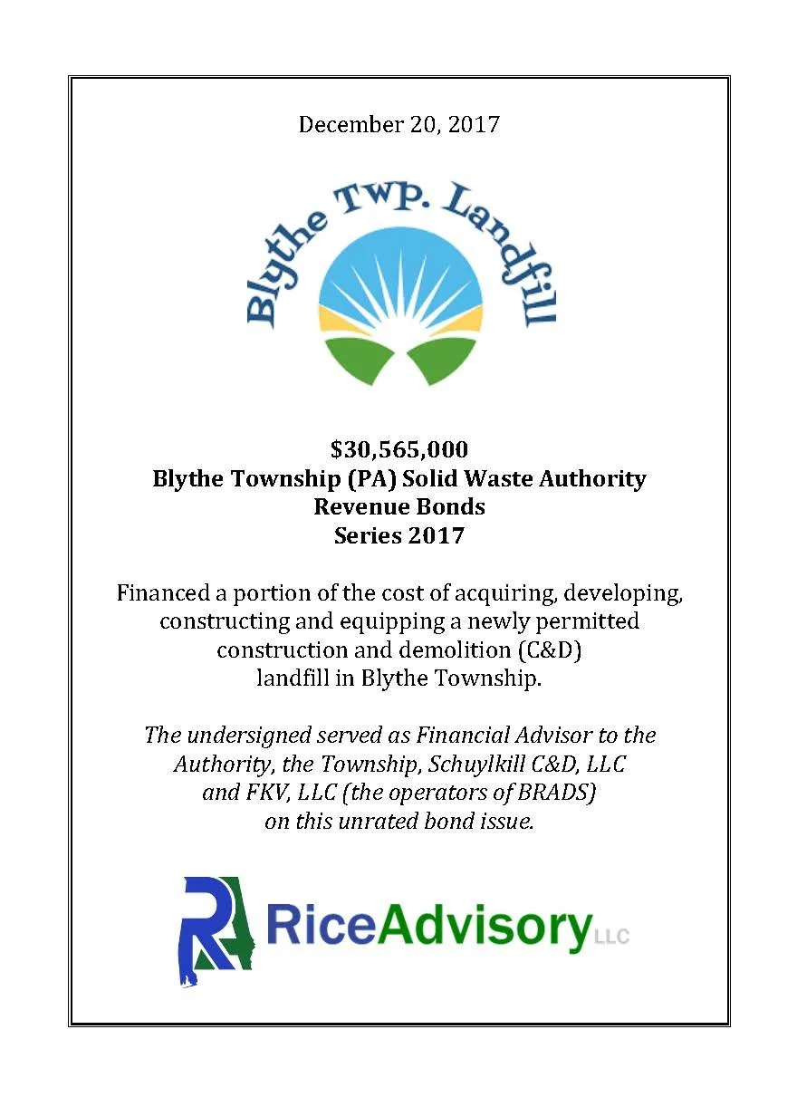 Certificate or official document highlighting a financial bond series for Blythe Township, PA, from December 20, 2017, with a total amount of over $30 million, issued by Rice Advisory LLC.