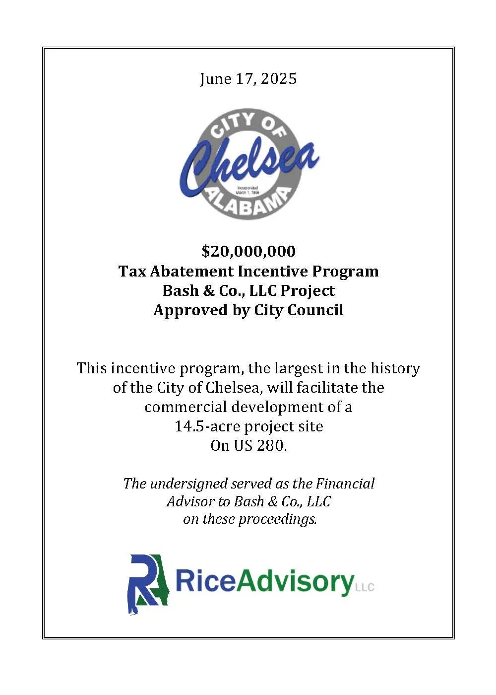 Certificate for Chelsea, Alabama, City Council approval of a $20 million Tax Abatement Incentive Program project, dated June 17, 2025, endorsed by Rice Advisory LLC.