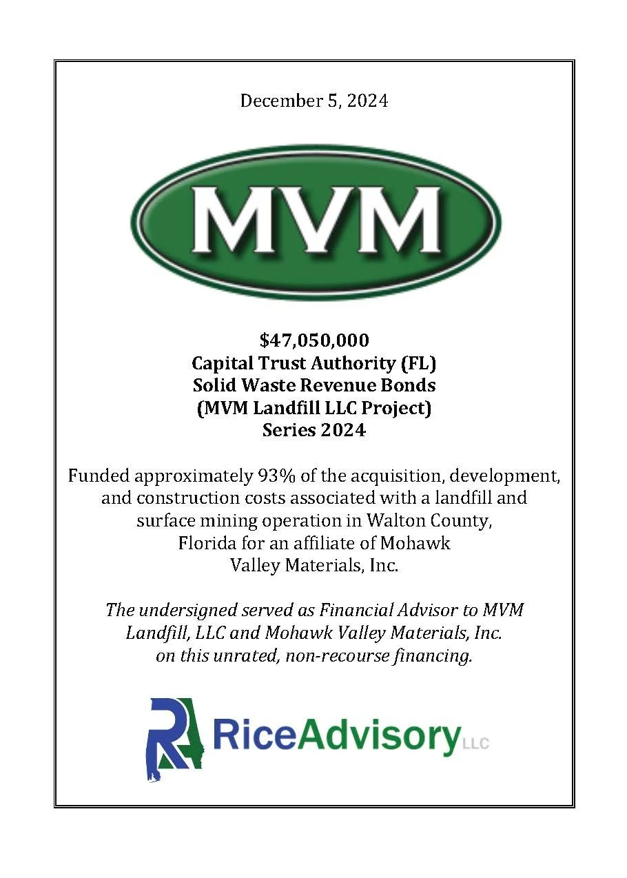 Document with MVM logo, date December 5, 2024, and details about a $47,050,000 bonds issuance for landfill project funded in Walton County, Florida, with Rice Advisory LLC logo at the bottom.