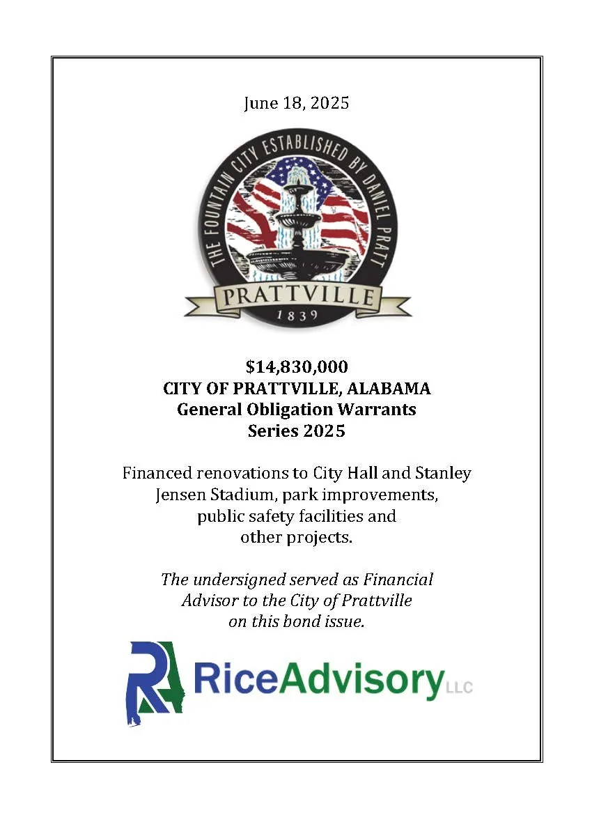 Document titled 'City of Prattville, Alabama General Obligation Warrants Series 2025' with a date of June 18, 2025, featuring the Prattville city logo with a fountain, American flag background, and a banner with the city's name. The document mentions a bond amount of $14,830,000 for renovations, park improvements, and safety facilities, signed by Rice Advisory LLC.