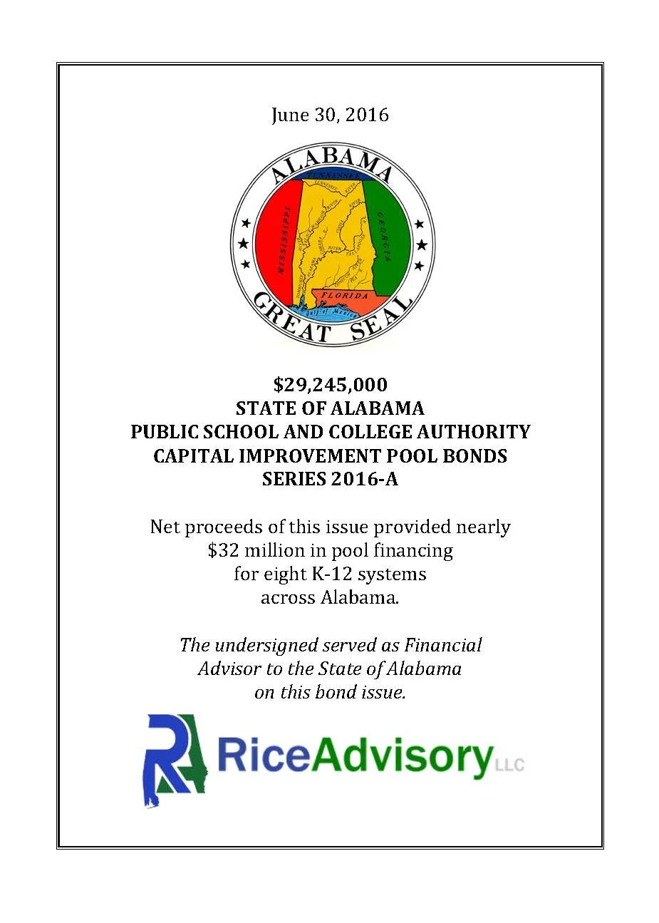 Bond issuance document for the State of Alabama's Public School and College Authority, series 2016-A, with a seal featuring a map of Alabama and the words 'Great Seal'; dated June 30, 2016, indicating a total amount of $29,245,000; notes net proceeds of nearly $32 million for funding K-12 systems across Alabama; sponsor is Rice Advisory, LLC.