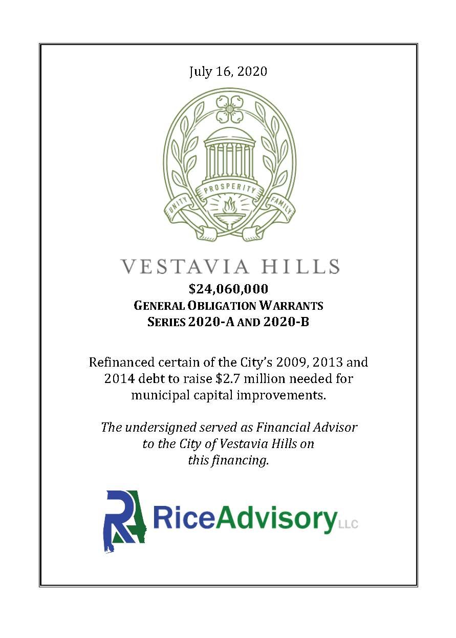 Official document titled 'VESTAVIA HILLS' dated July 16, 2020, detailing a municipal bond issuance of $24,060,000 for general obligation warrants series 2020-A and 2020-B, with a refinancing of previous city debts to fund capital improvements. The document features a city emblem with a shield, a lantern, a four-leaf clover, and a motto banner. The bottom includes the logo of Rice Advisory LLC.
