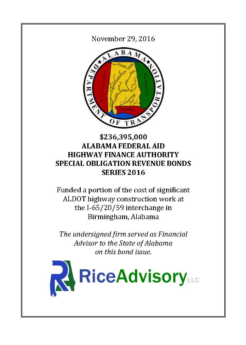 A bond issuance document from November 29, 2016, featuring the Alabama Department of Transportation emblem at the top, and a logo for Rice Advisory LLC at the bottom, indicating its role as financial advisor.