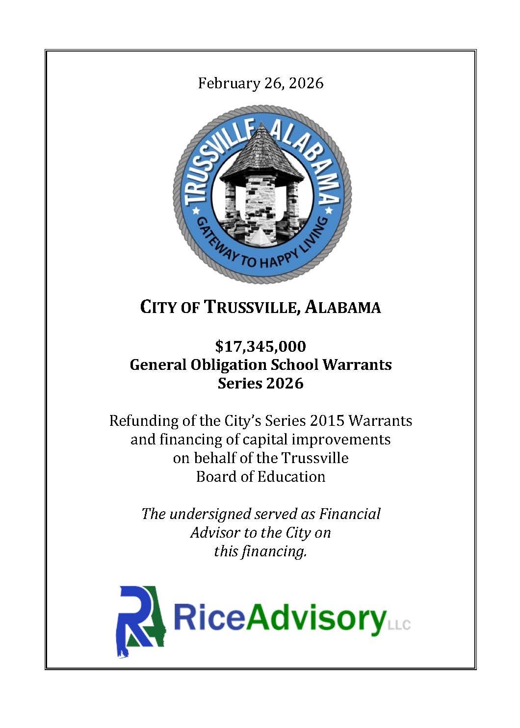 Cover page for Trussville, Alabama city budget document in 2026 with city emblem, date, and sponsor logo.