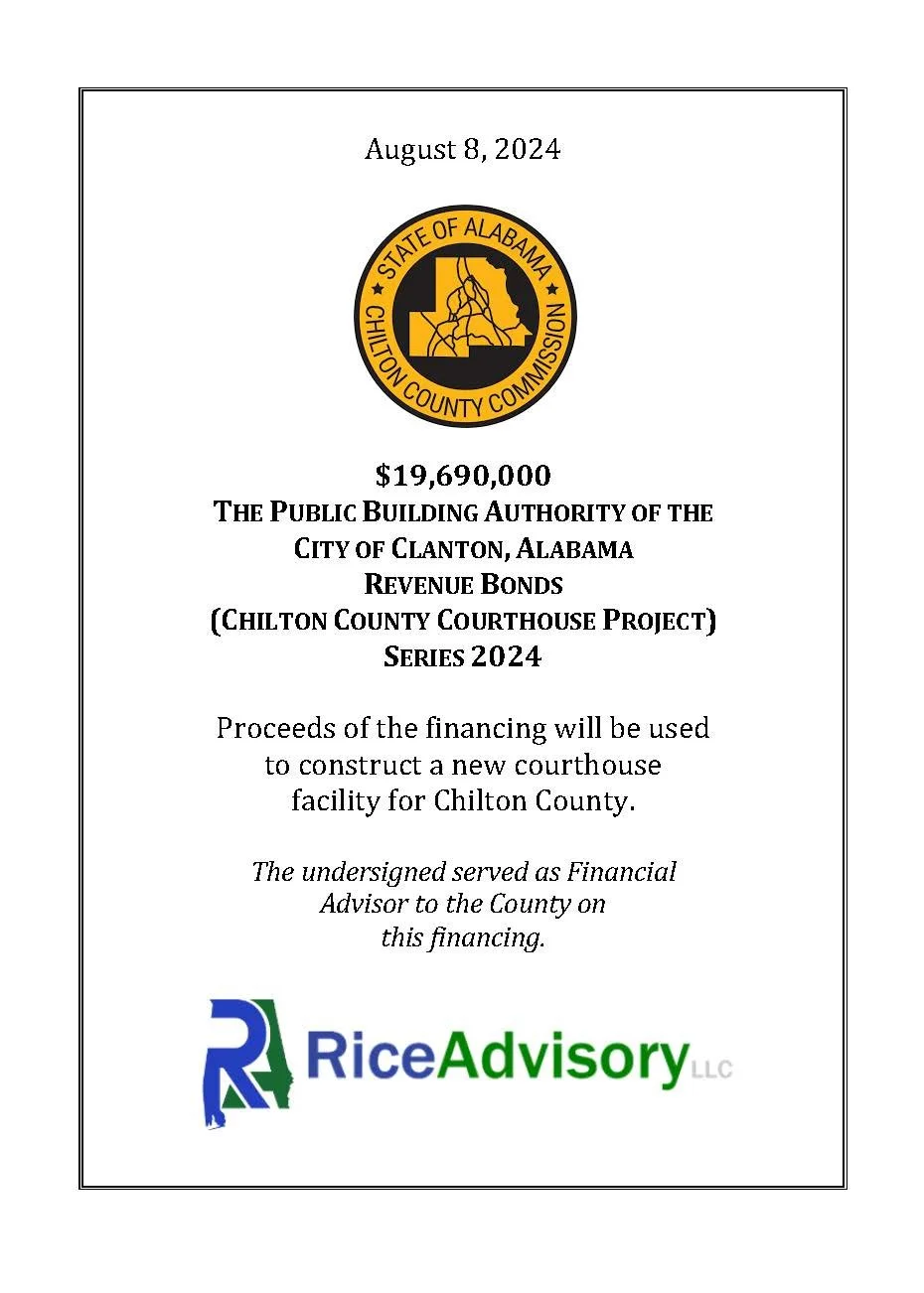Document detailing a $19,690,000 bond series for the City of Clanton, Alabama, for a courthouse project, dated August 8, 2024, with a logo for the Chilton County Commission and Rice Advisory LLC.