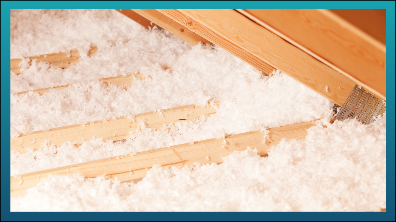 Close-up of wooden floor joists and insulation in a building under construction.