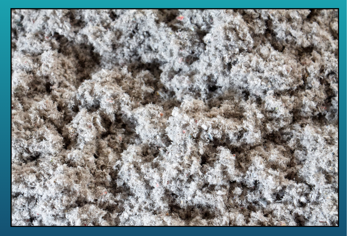 Close-up of a pile of grayish, fibrous, shredded paper or material.