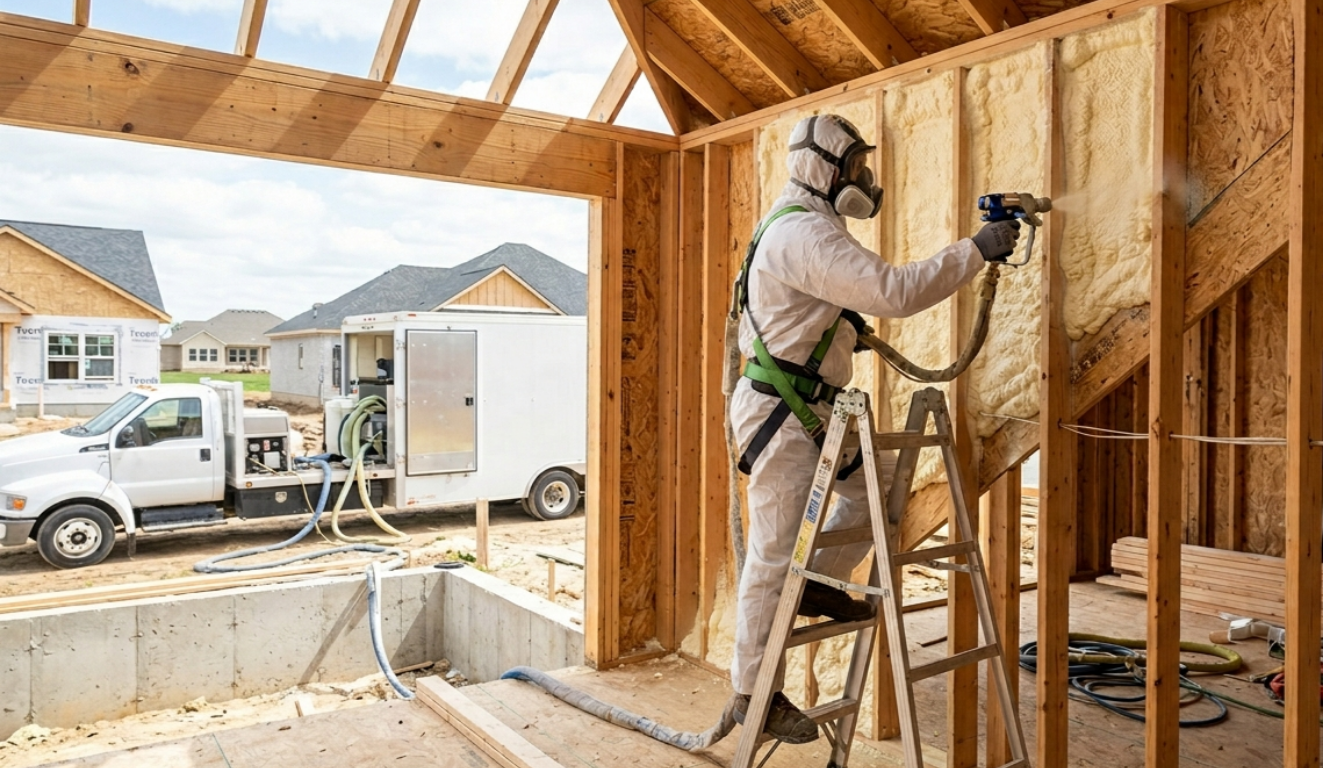 A construction worker in protective gear sprays insulation into a wall frame inside a house under construction.