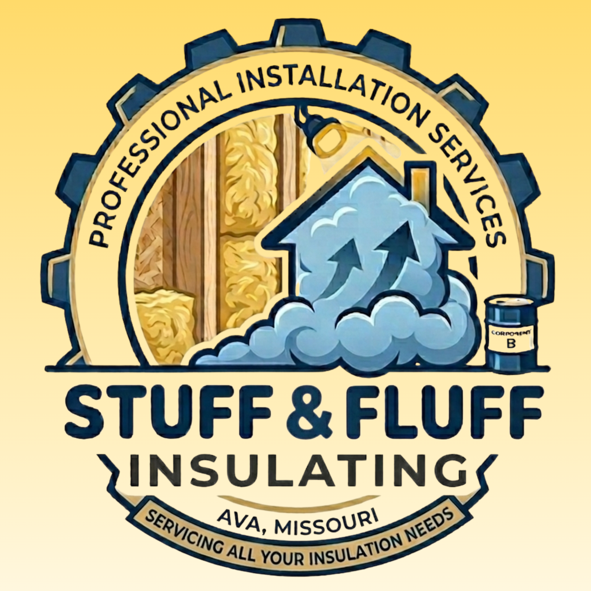 Graphic logo for insulation services with gear shapes, depicting an illustration of mountains, clouds, and insulation materials. Text includes 'Professional Installation Services,' 'Stuff & Stuff,' and locations 'Servicing all your insulation needs, Ava, Missouri, and surrounding areas.'