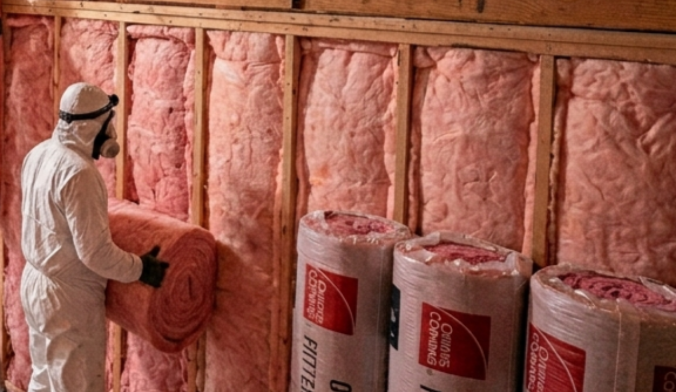 A person wearing protective gear, including a suit, gloves, and a mask, is installing pink insulation within a wooden wall framework.