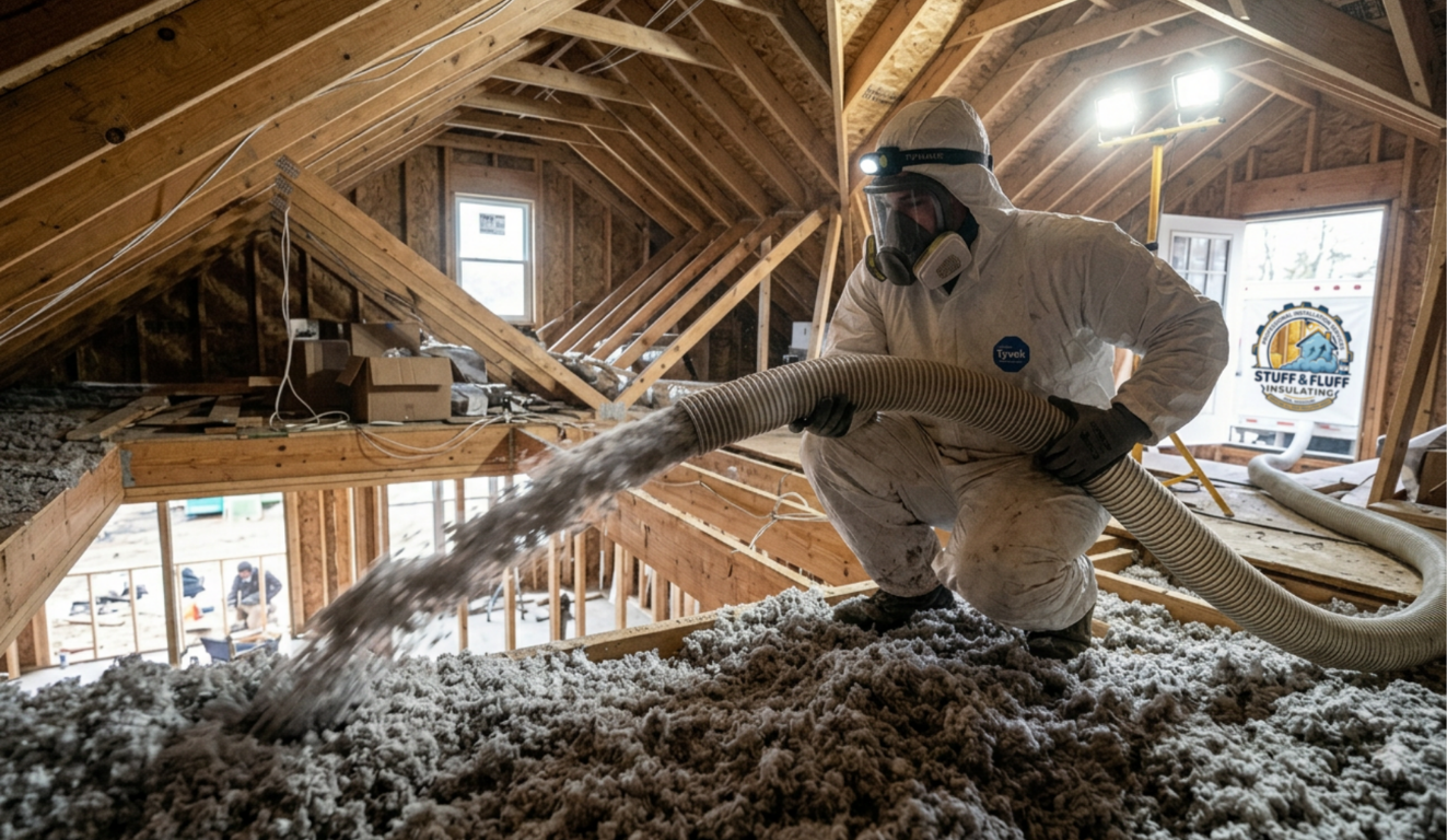 A worker in protective gear sprays insulation foam into the attic of a house.