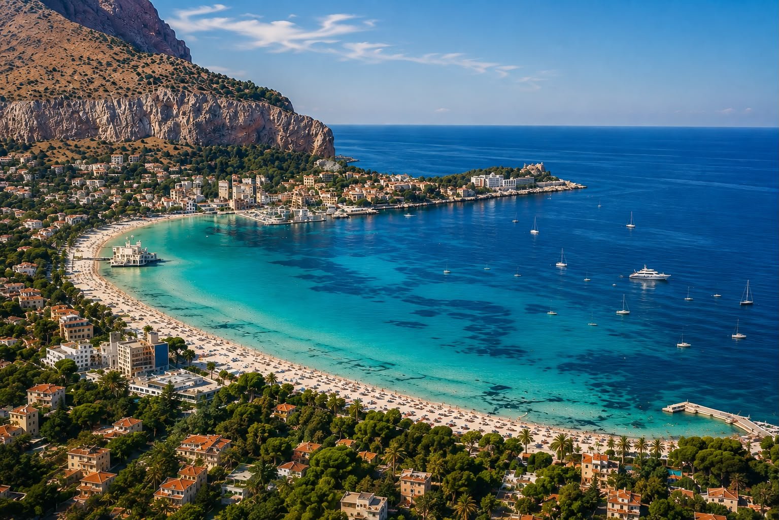 Spiaggia con sabbia chiara e acque azzurre all'ovest di una città costiera, con edifici e palme lungo la riva. Sullo sfondo, scogliere e montagne.