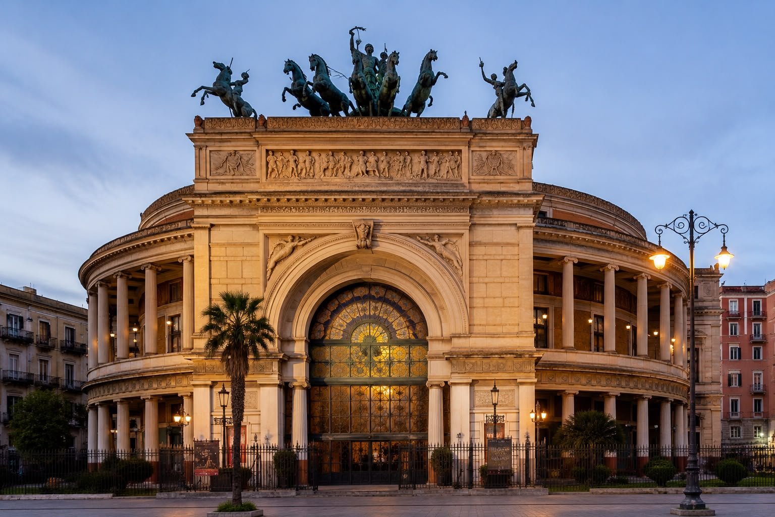Edificio neoclassico con colonne, grandi vetrate e sculture sulla sommità, al tramonto con lampioni accesi e palme davanti.