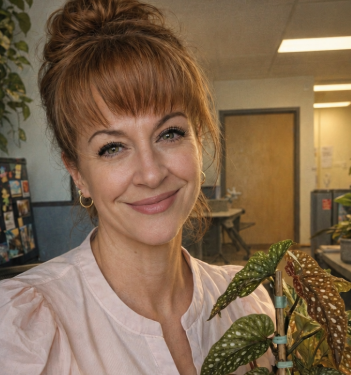 Smiling woman with reddish hair and a white shirt standing next to a plant in an office setting.