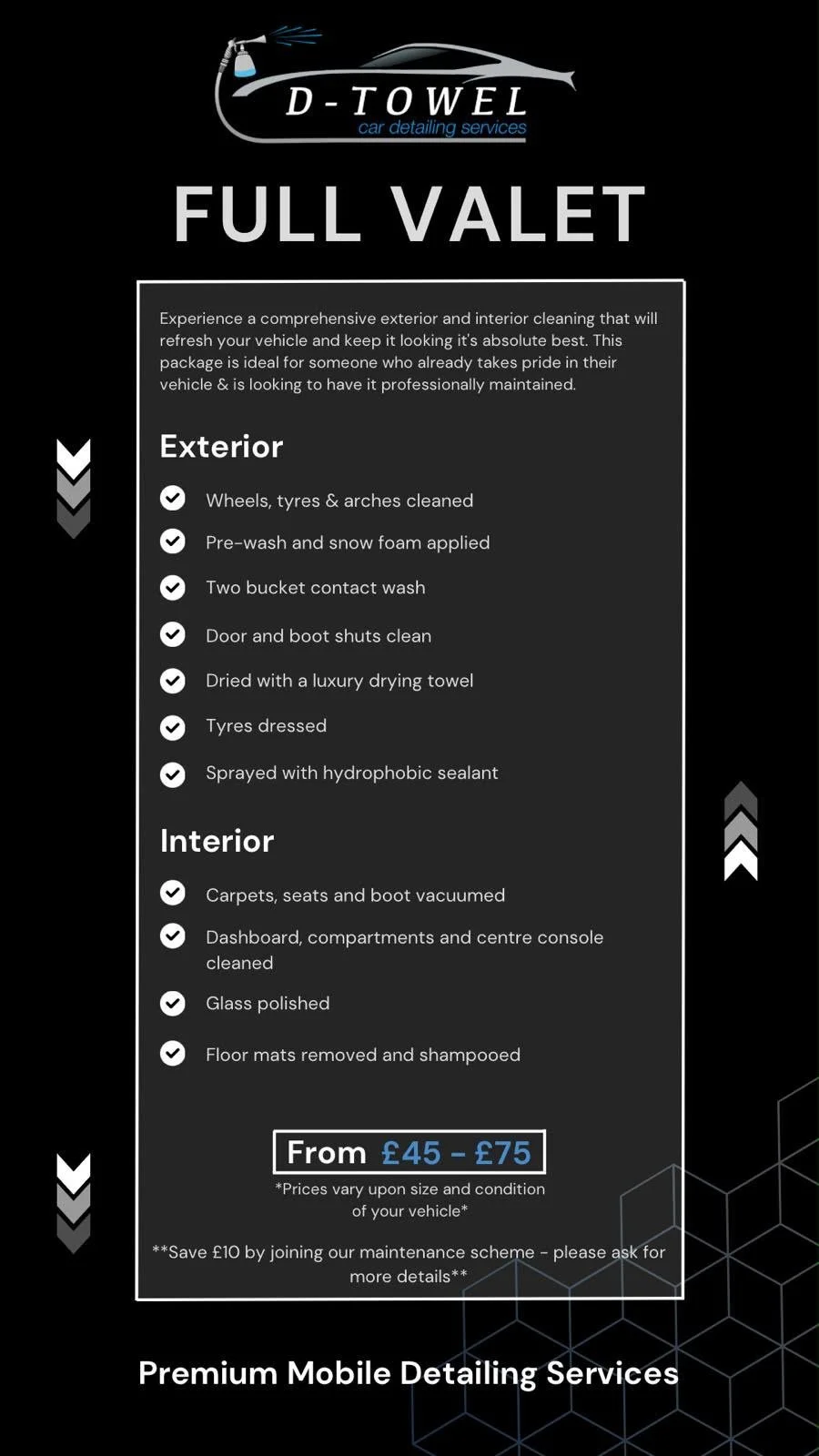 Flyer for D-Towel Car Detailing Services offering full valet, with details on exterior and interior cleaning services, prices starting from £45 to £75, and promotions for maintenance scheme savings.